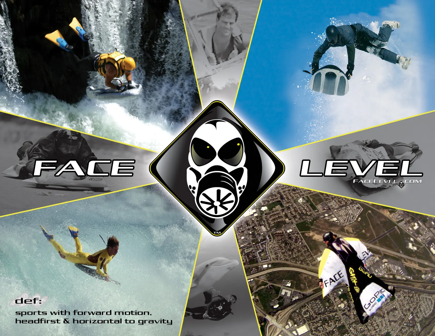 The old Face Level flyer: eight headfirst sports around the gas-mask logo